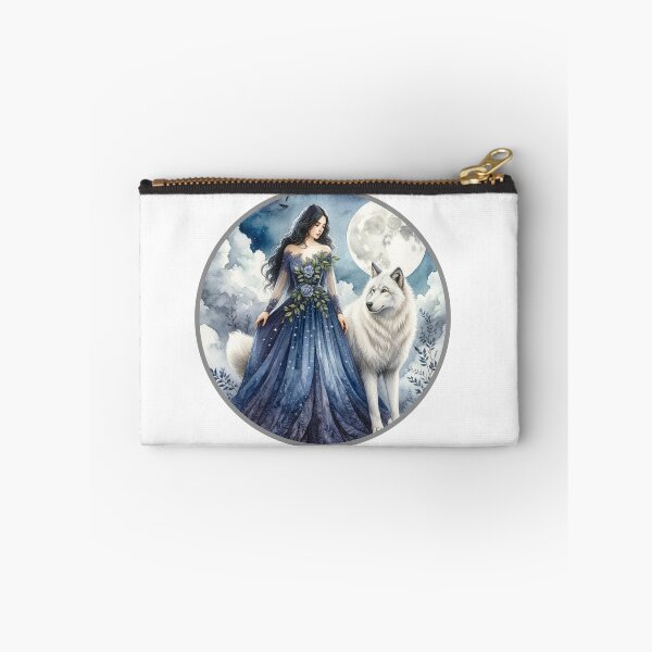 Item preview, Moonlit Enchantment - Ethereal Woman and Wolf Companion in Starry Forest Night - Fantasy Art Print designed and sold by BeaconMarketing.