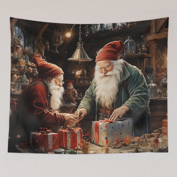 Item preview, Jolly Craftsmanship - Santa Claus In The Workshop With His Elves - Christmas Art - Watercolor Art designed and sold by CastleBySea.