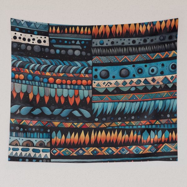 Item preview, Etchnic Abstract Scandinavian Pattern - Watercolor - Tribal, Ethnic, Traditional, Indian And Aztec Pattern, Black, Blue, Orange, vintage designed and sold by MyArt23.