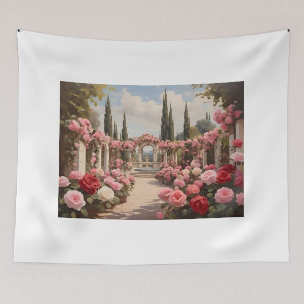 Item preview, An elegant rose garden in Italy, vintage oil painting designed and sold by CreativeSparkzz.