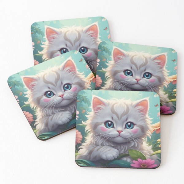 Item preview, Celestial Whiskers: White Kitten with Azure Blossoms designed and sold by SCBlend.