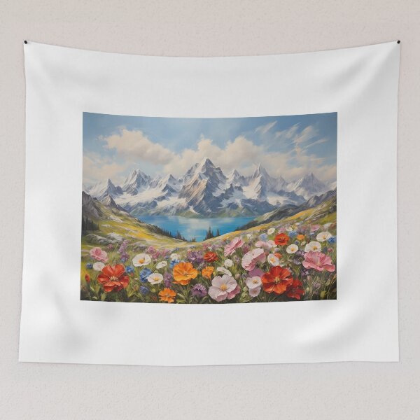 Item preview, A mountain landscape with alpine flowers and a mountain lake, vintage oil painting designed and sold by CreativeSparkzz.