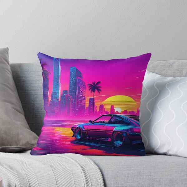 Artikelvorschau, Synthwave Retro Auto mit Palmen im Sonnenuntergang entworfen und verkauft von SynthstarShop.