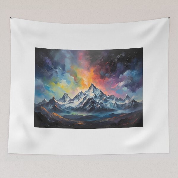 Item preview, Aurora Borealis over the peaks of a snowy mountain, vintage oil painting designed and sold by CreativeSparkzz.