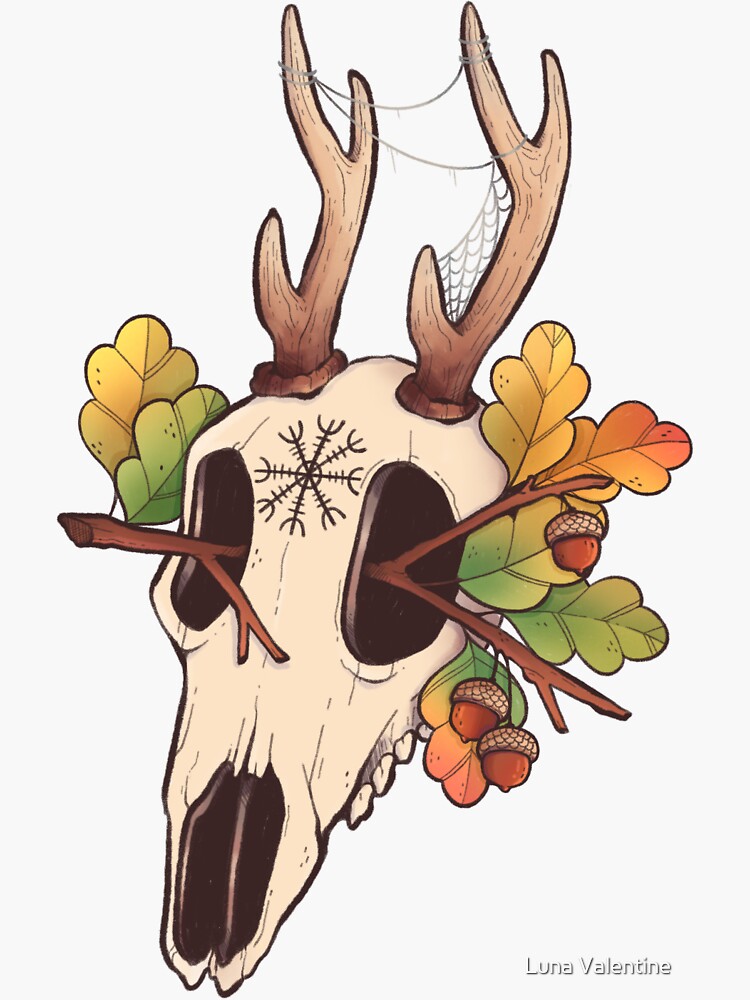 Thumbnail 3 of 3, Sticker, Deer skull and acorns designed and sold by luna-valentine.