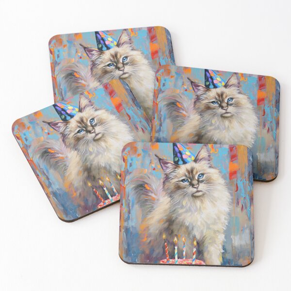 Item preview, Birman Cat with Birthday Cake and Party Hat in painted style designed and sold by OddCorro.