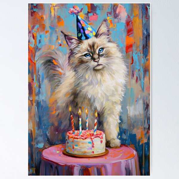 Item preview, Birman Cat with Birthday Cake and Party Hat in painted style designed and sold by OddCorro.
