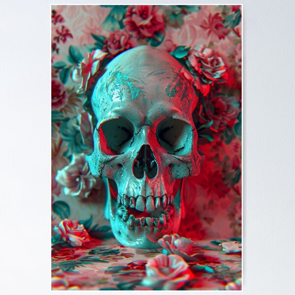 Item preview, Floral Afterlife - Anaglyph Skull on Vintage Florals Art Print designed and sold by Nicholas Panek.