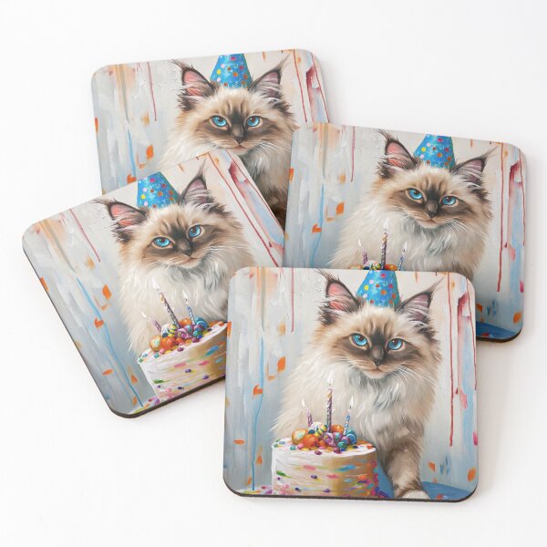 Item preview, Cute Birman Cat with Birthday Cake and Party Hat in painted style designed and sold by OddCorro.