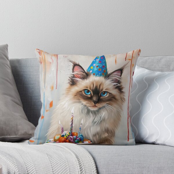 Item preview, Cute Birman Cat with Birthday Cake and Party Hat in painted style designed and sold by OddCorro.