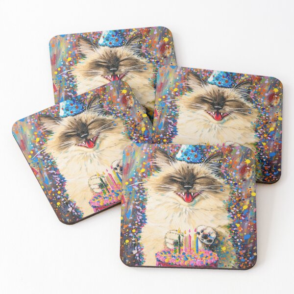 Item preview, Happy Birman Cat with Birthday Cake and Party Hat in painted style designed and sold by OddCorro.