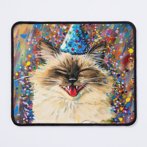 Item preview, Happy Birman Cat with Birthday Cake and Party Hat in painted style designed and sold by OddCorro.