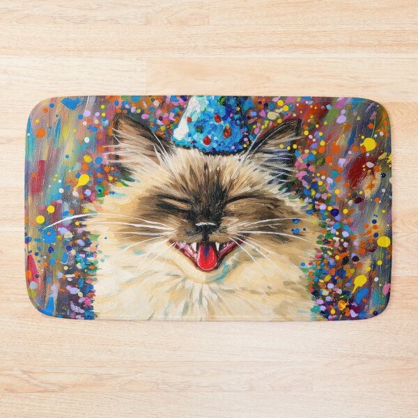 Item preview, Happy Birman Cat with Birthday Cake and Party Hat in painted style designed and sold by OddCorro.