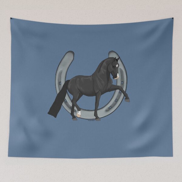 Item preview, Trotting Black Warmblood Horse with Horseshoe designed and sold by DappledMoon.