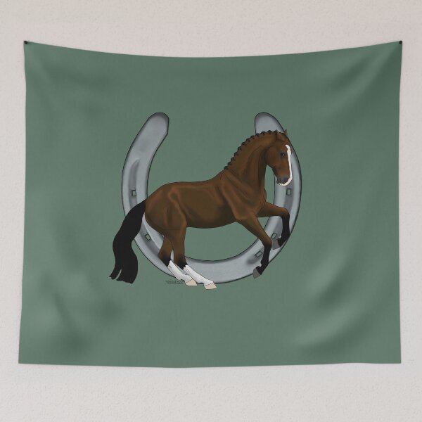 Item preview, Bay Warmblood Horse Performing Canter Pirouette with Horseshoe designed and sold by DappledMoon.