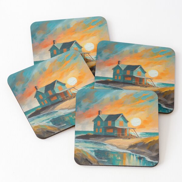 Item preview, Painting of a beach house at sunset designed and sold by fotofeast.