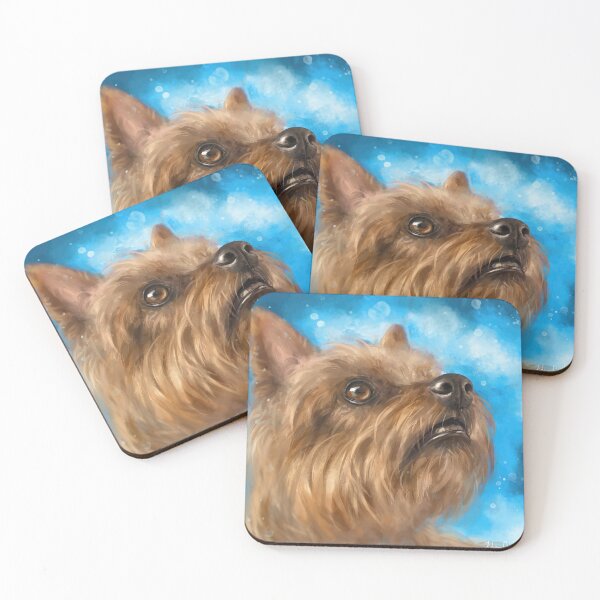 Item preview, Painting of a Brown Yorkshire Terrier Looking Up With a Cute Facial Expression on Blue Background designed and sold by ibadishi.