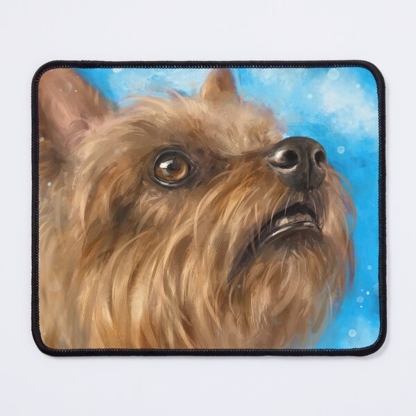 Item preview, Painting of a Brown Yorkshire Terrier Looking Up With a Cute Facial Expression on Blue Background designed and sold by ibadishi.