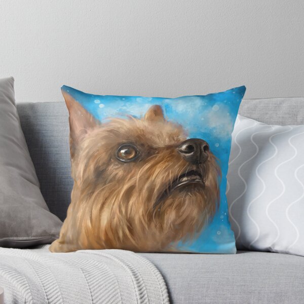 Item preview, Painting of a Brown Yorkshire Terrier Looking Up With a Cute Facial Expression on Blue Background designed and sold by ibadishi.