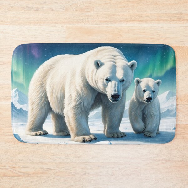 Item preview, White polar bear with its young cub and Northern Lights ( Aurora borealis ) designed and sold by Andrey-Myagkov.