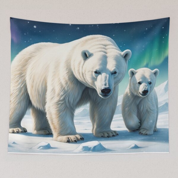 Item preview, White polar bear with its young cub and Northern Lights ( Aurora borealis ) designed and sold by Andrey-Myagkov.