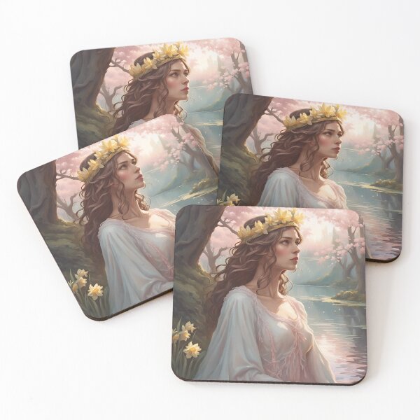 Item preview, The thick, wavy white dress with pink fringes for the forest princess with long chestnut hair and a crown of daffodils and jasmine designed and sold by medo306090.