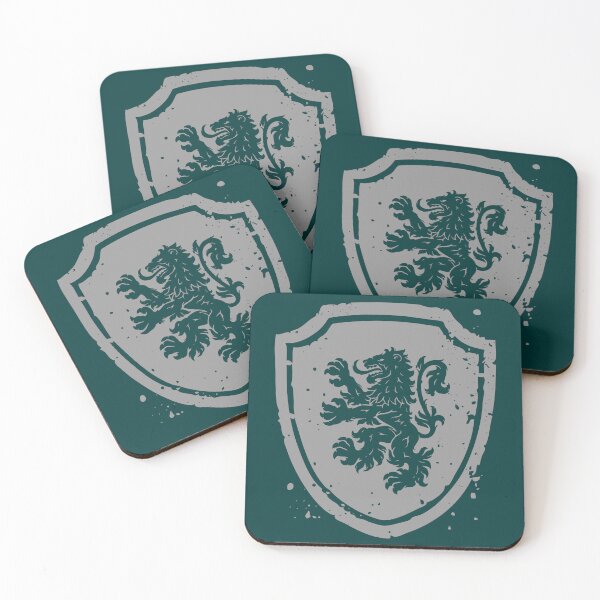 Item preview, Heraldic lion standing on hind legs on an English triangular shield with two tipped arcs on the upper corners designed and sold by VugArtShop.