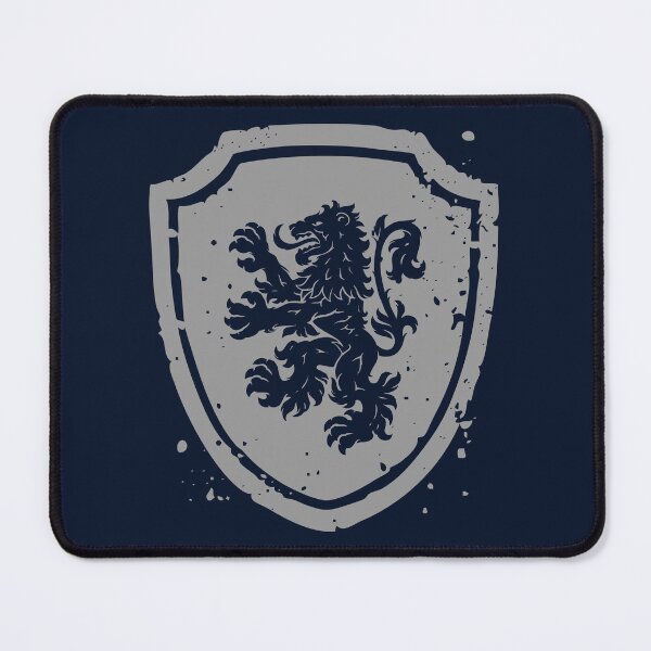 Item preview, Heraldic lion standing on hind legs on an English triangular shield with two tipped arcs on the upper corners designed and sold by VugArtShop.