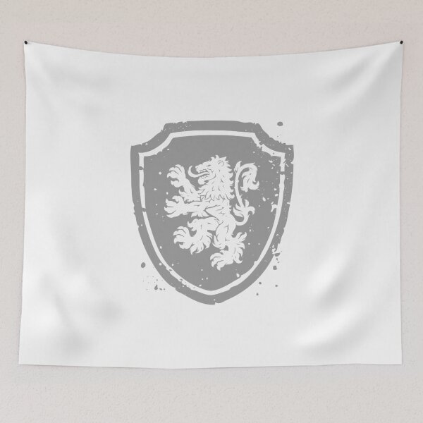 Item preview, Heraldic lion standing on hind legs on an English triangular shield with two tipped arcs on the upper corners designed and sold by VugArtShop.