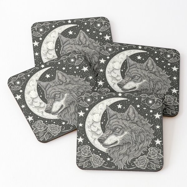 Item preview, Wolf and Moon with Flowers and Stars designed and sold by MysticStitchery.