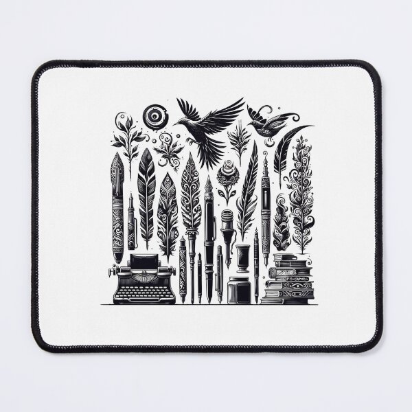 Item preview, An Illustration of Fountain, Quill and Normal Pens with a Stack of Books, a Typing Machine, Ink Holders, and Birds designed and sold by Poemit.
