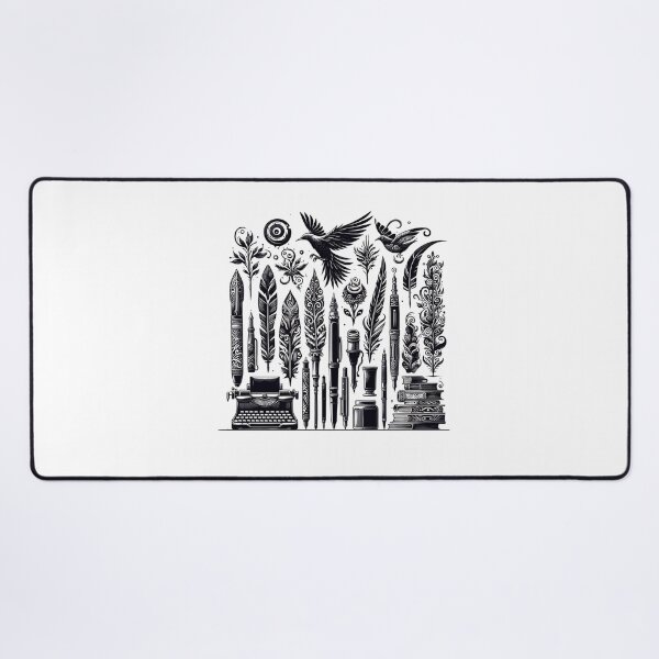Item preview, An Illustration of Fountain, Quill and Normal Pens with a Stack of Books, a Typing Machine, Ink Holders, and Birds designed and sold by Poemit.