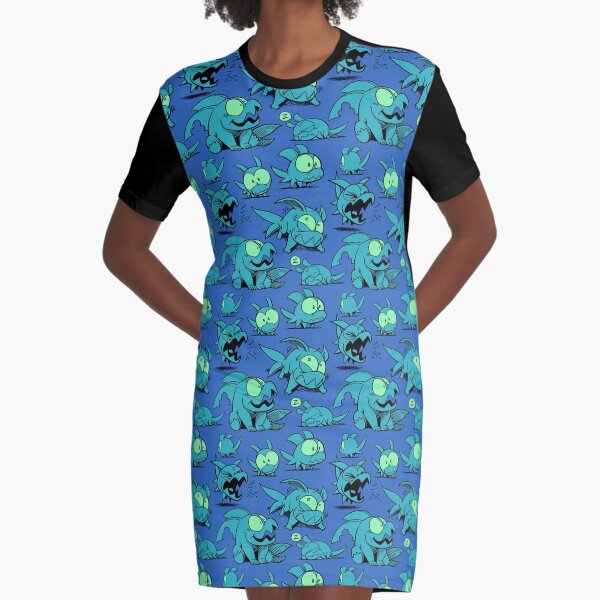 Chewster - Land Sharks - Blue/Green Pattern Graphic T-Shirt Dress