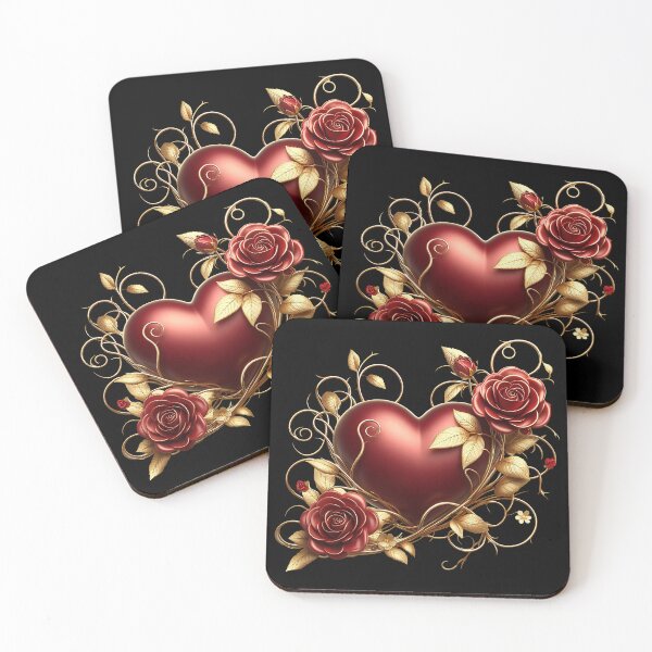 Item preview, Valentine’s Day Red Heart, Red Roses, Golden Vines - on Black designed and sold by Amanda Lucas.