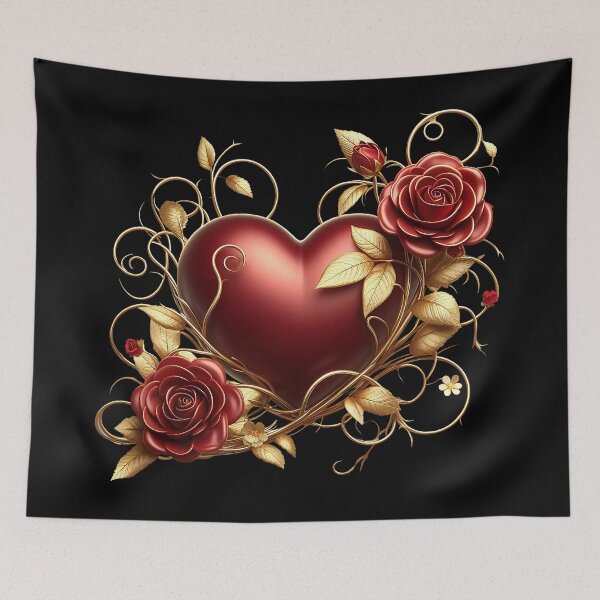 Item preview, Valentine’s Day Red Heart, Red Roses, Golden Vines - on Black designed and sold by Amanda Lucas.