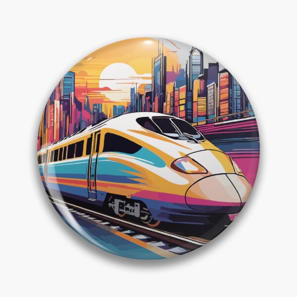 Item preview, High Speed Bullet Train Zooming Past Colorful Retro Cityscape Sunset designed and sold by MindfulVisionz.