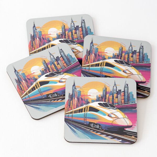 Item preview, High Speed Bullet Train Zooming Past Colorful Retro Cityscape Sunset designed and sold by MindfulVisionz.