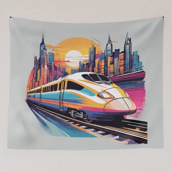 Item preview, High Speed Bullet Train Zooming Past Colorful Retro Cityscape Sunset designed and sold by MindfulVisionz.