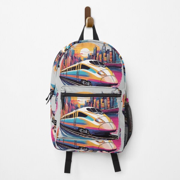 Item preview, High Speed Bullet Train Zooming Past Colorful Retro Cityscape Sunset designed and sold by MindfulVisionz.