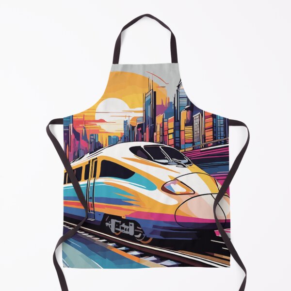 Item preview, High Speed Bullet Train Zooming Past Colorful Retro Cityscape Sunset designed and sold by MindfulVisionz.