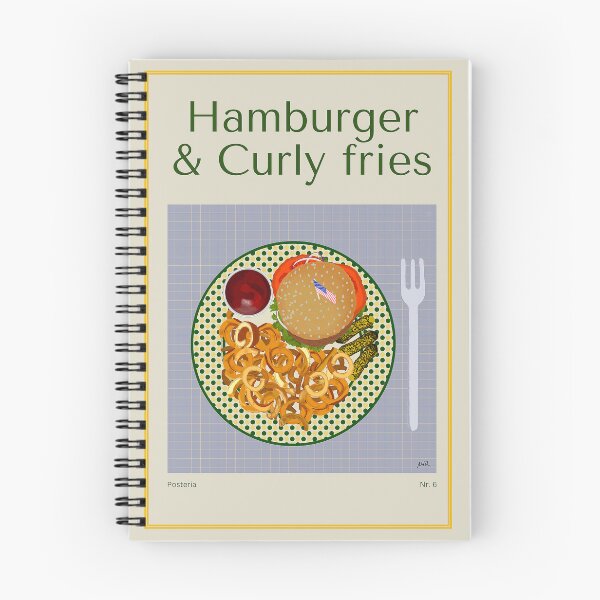 Item preview, HAMBURGER & CURLY FRIES Illustration with a hamburger, curly fries, cucumbers and ketchup designed and sold by Posteria.
