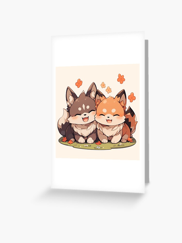 Cute Kawaii Happy Wolf and Fox in Love