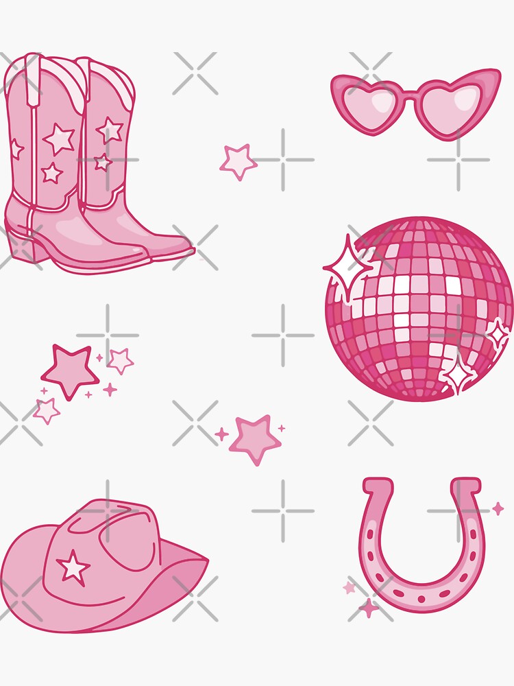 Thumbnail 3 of 3, Sticker, Disco Cowgirl Pack - heart glasses, cowboy hat, boots, horeshoe designed and sold by maura41.