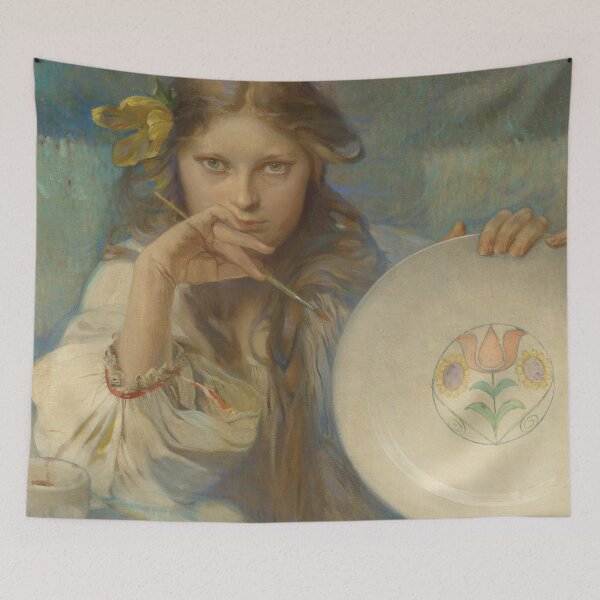 Item preview, Girl with a plate painting a folk motif, by Alphonse Mucha. HIGH DEFINITION designed and sold by MINDTHECHERRY.