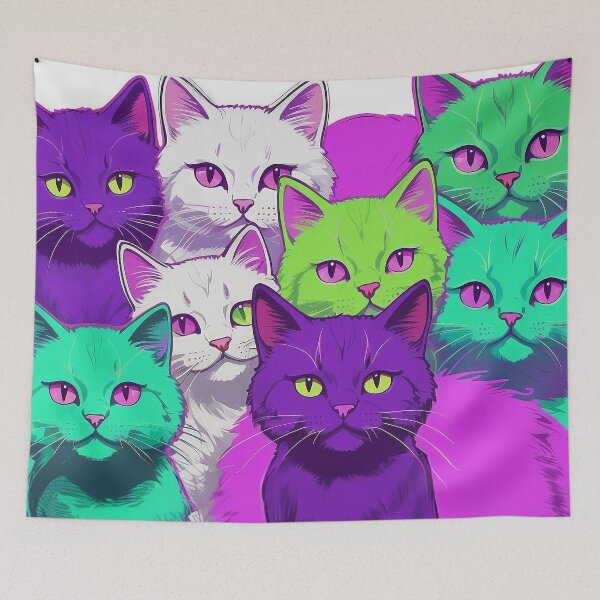 Item preview, Adorable Funky Cat Collage  - Neon Bicolor Purple Green Cats designed and sold by SassyArtistry.
