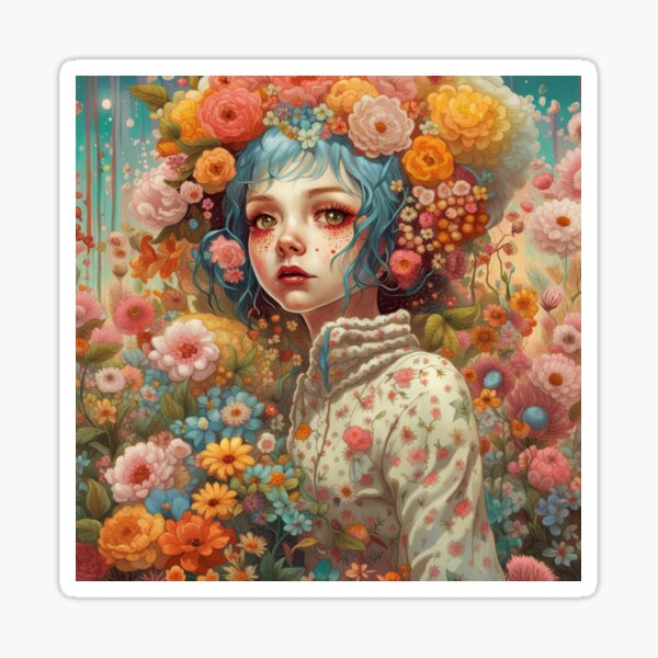 Item preview, girl with blue hair and floral blouse designed and sold by violetheavensky.
