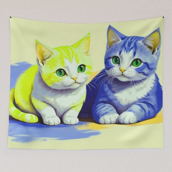 Item preview, Cute Two Bicolor Neon Yellow Dark Blue Cats designed and sold by SassyArtistry.