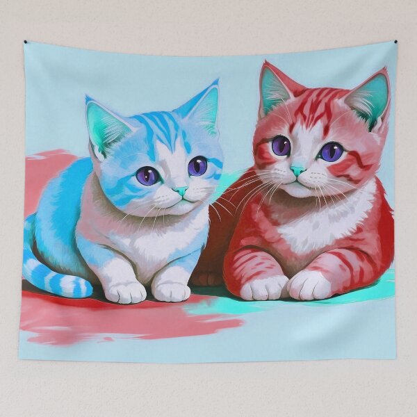 Item preview, Cute Two Bicolor Neon Red Light Blue Cats designed and sold by SassyArtistry.
