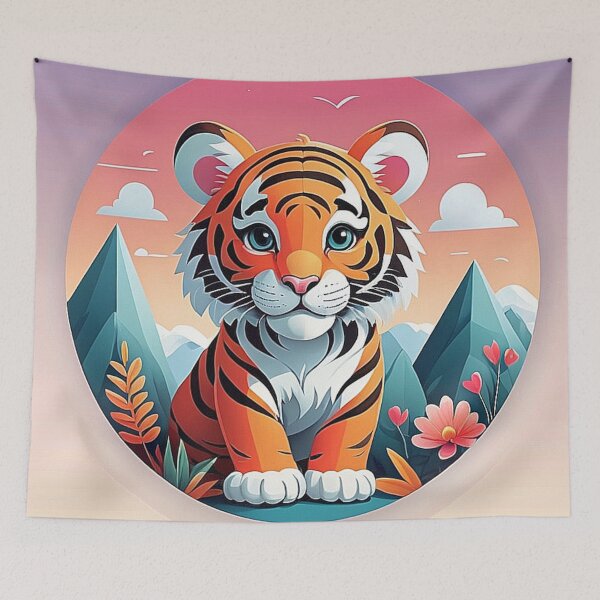 Item preview, Adorable baby tiger: playing in the sea of flowers in front of rocky mountains designed and sold by Minpadesign.