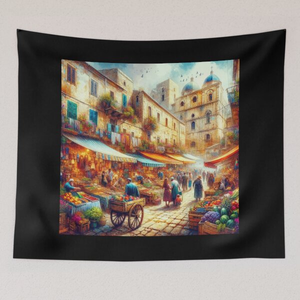 Item preview, Mediterranean Market Day Lively Town Scene designed and sold by BestArtByArvind.